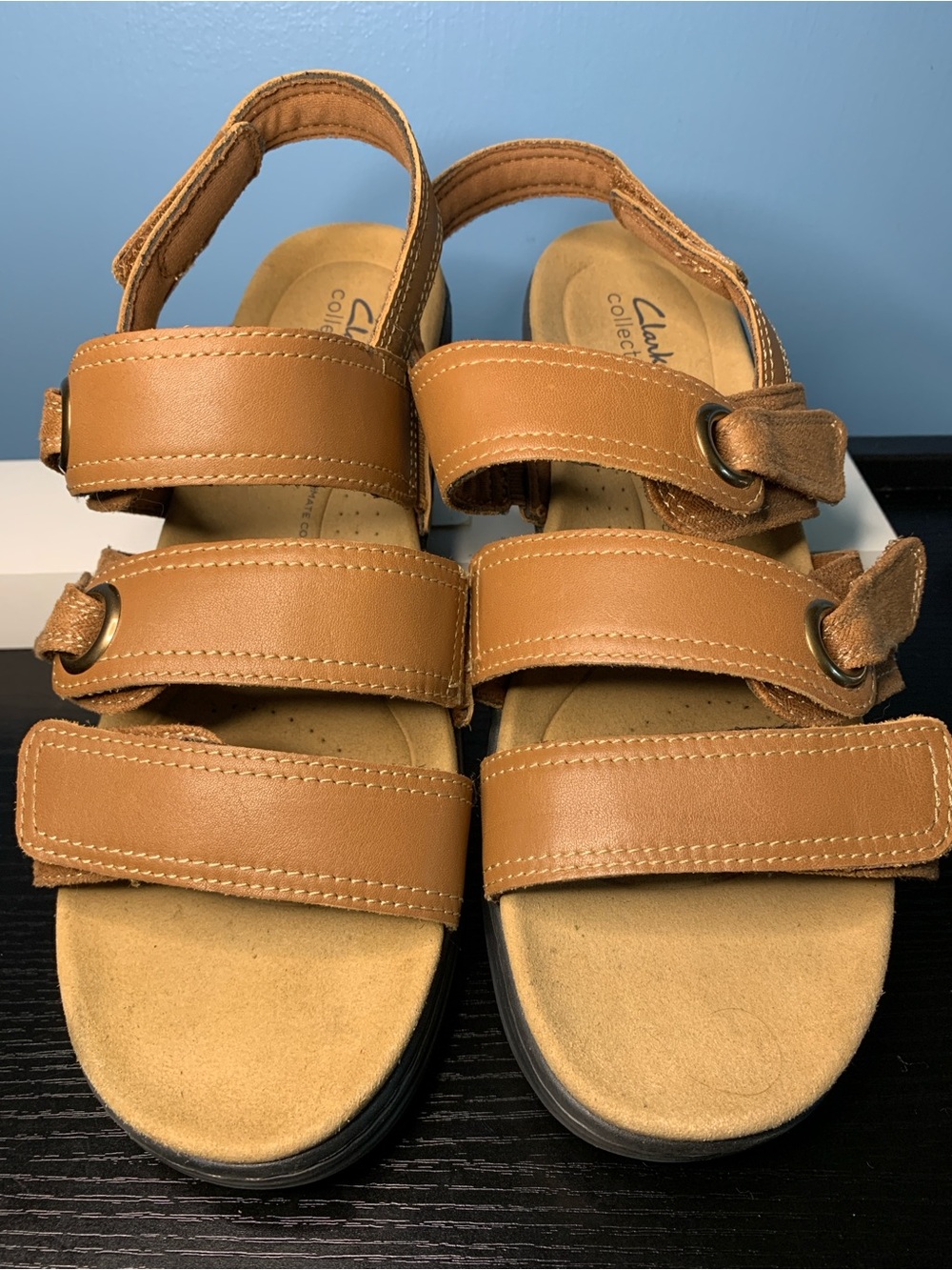 Clarks Tan Triple-Strap Leather Adjustable Sandals